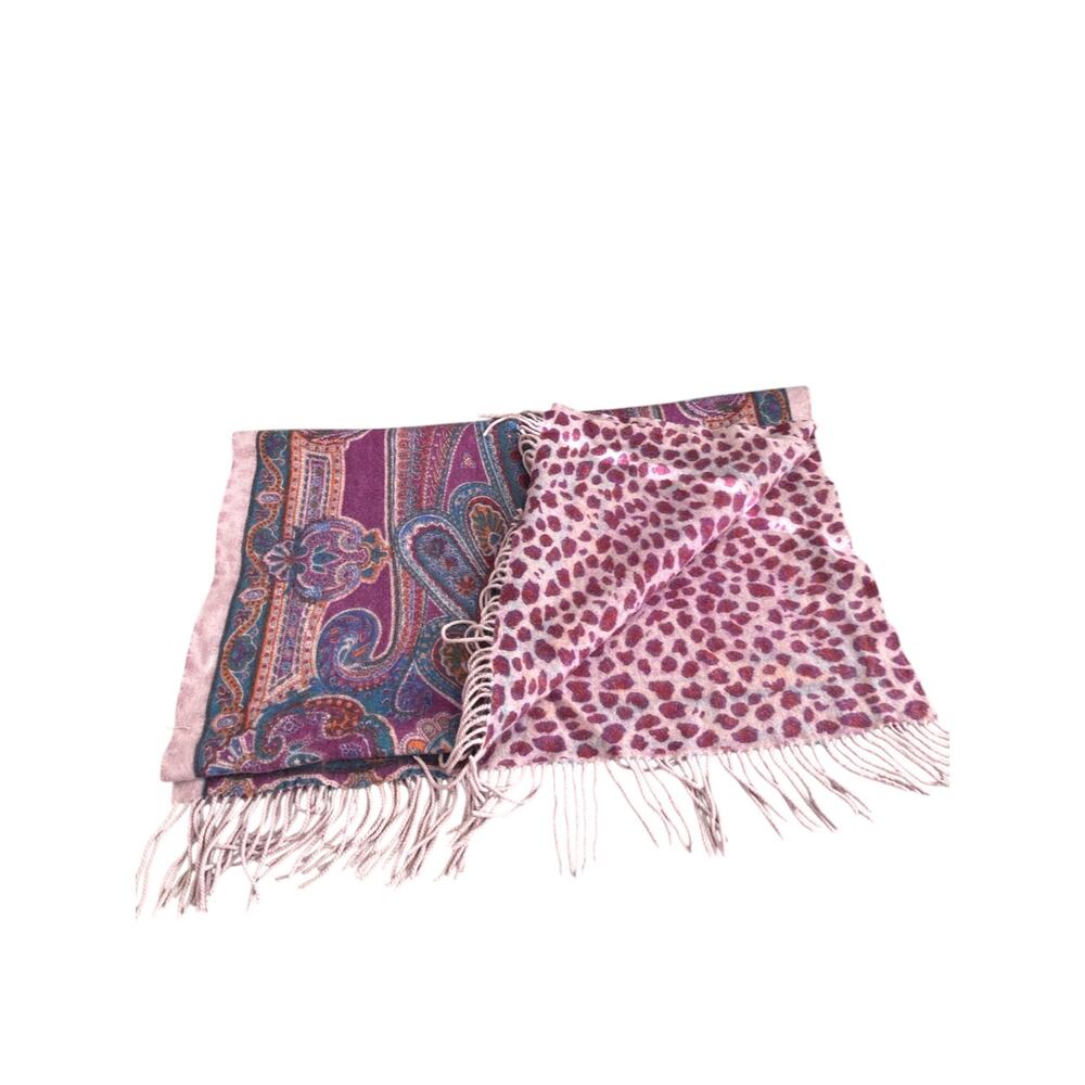 Neiman Marcus Wool Purple Paisley Oversized Reversible Scarf Fringe Women's